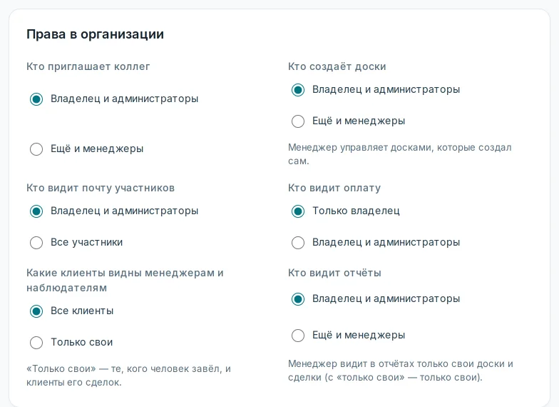 «Кто видит отчёты» в «Правах в организации»
