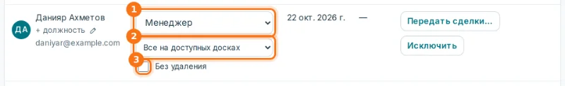 Строка участника: роль (1), права (2), «Без удаления» (3)