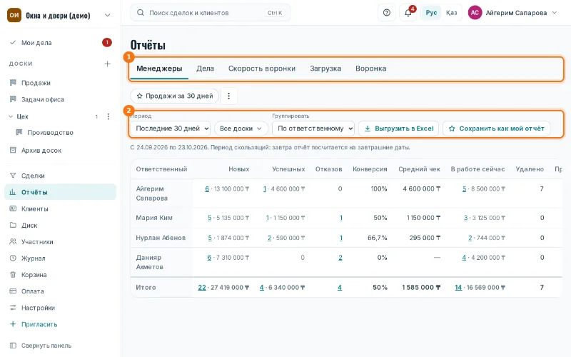 Раздел «Отчёты»: вкладки (1) и фильтры (2)