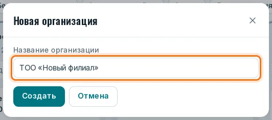 Окно «Новая организация» с полем названия